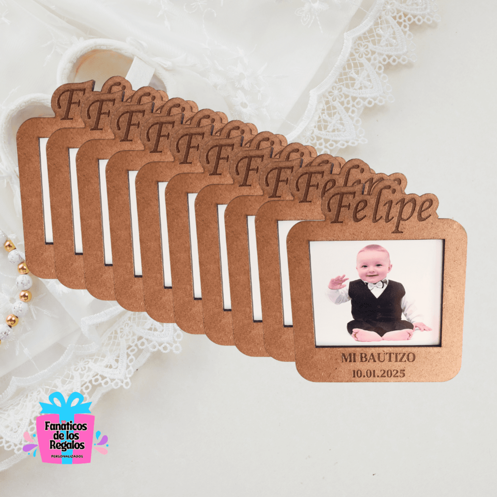 Portafotos de madera con imán, foto y texto- lote por 10 unidades(3€/und.) - 2